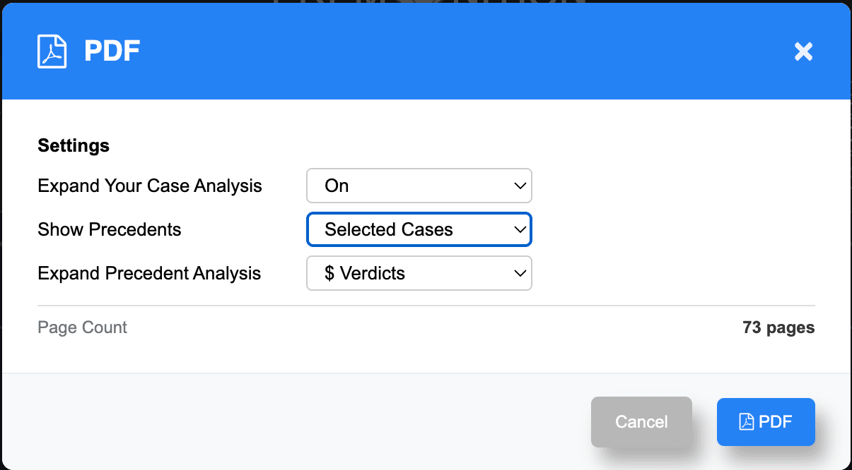 PDF export settings dialog letting the attorney control precedents and analysis included in the court-ready report